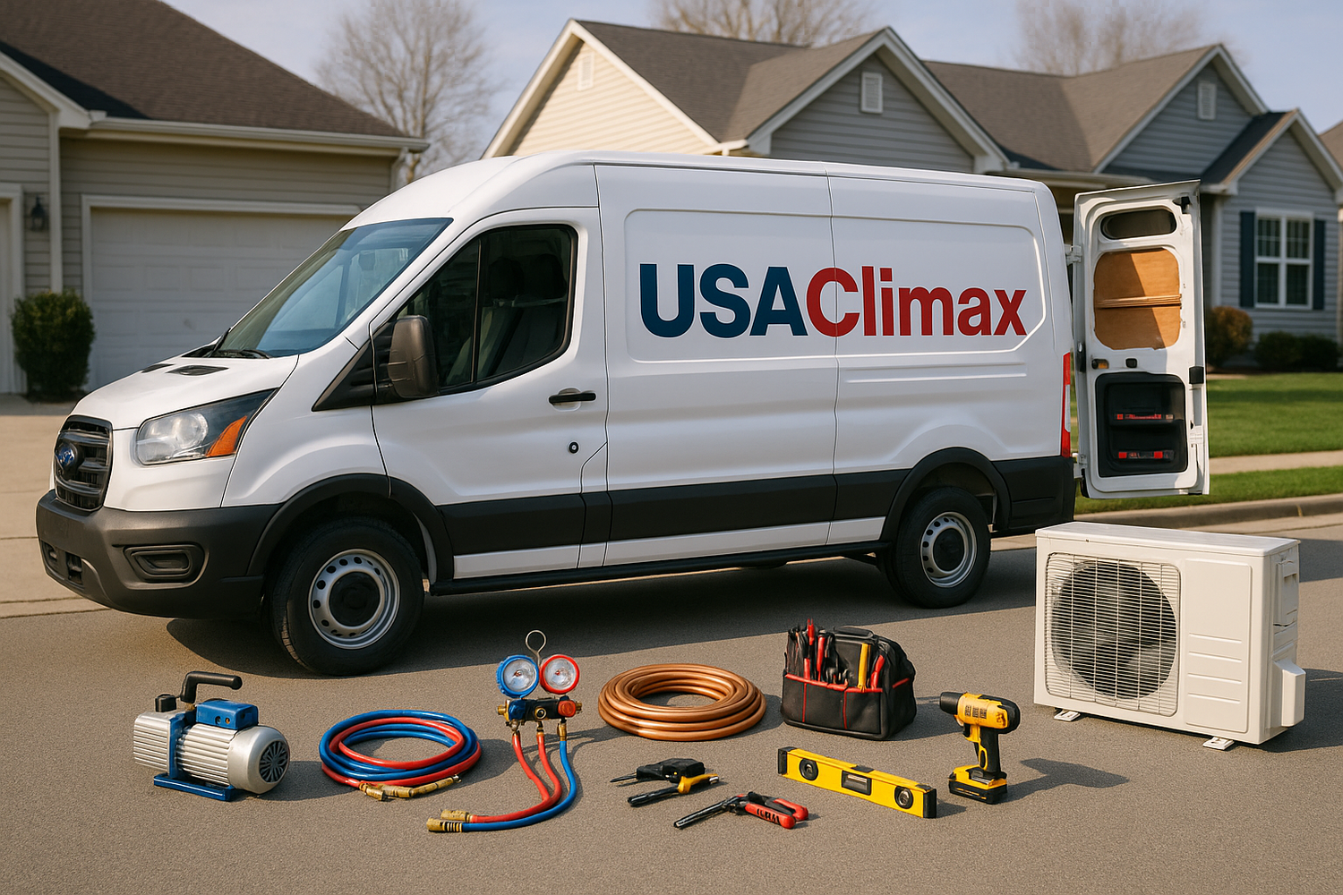 crear una imagen donde se pueda apreciar un van de trabajo de color blanco con el logotipo de usaclimax en el costado.agregarle al tema algunas herramienta de instalacion de minisplit para que de la idea que el tema central de la imagen es el servicio de instalacion de minisplit por la compania usaclimax