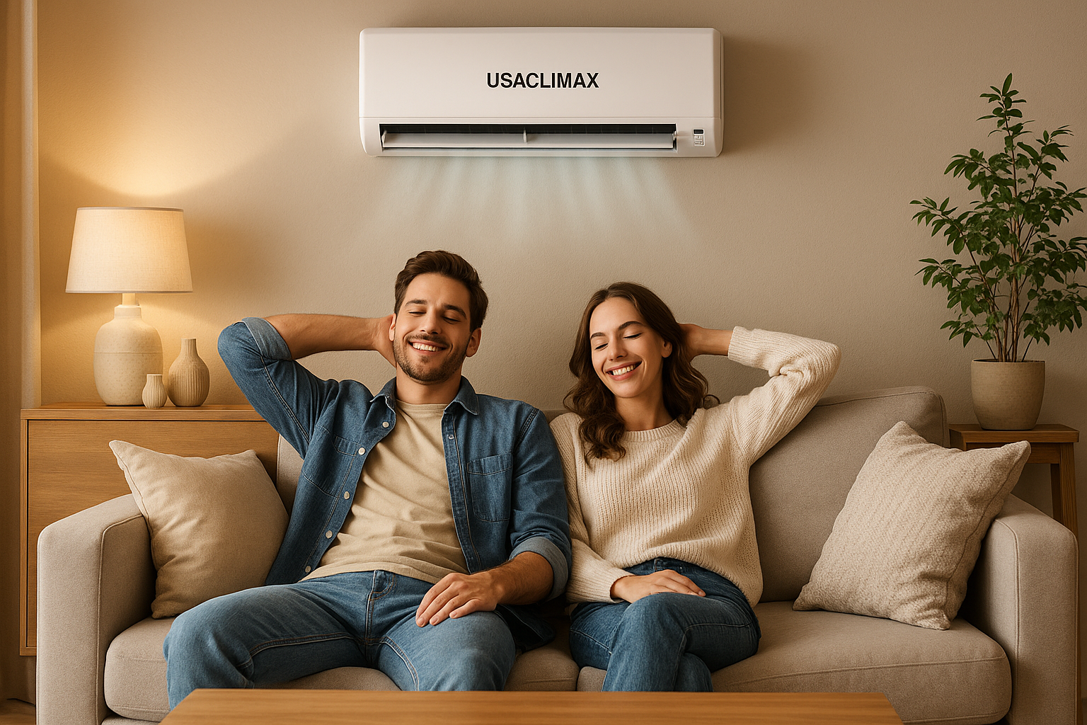 CREAR UNA IMAGEN PARA EL BANER DE MI PAGINA SHOPIFY QUE MUESTRE A UNA PAREJA JOVEN SENTADOS EN EL SOFA DE UNA SALA MUY COMODOS Y RELAJADOS DISFRUTANDO DE UN EXELENTE CLIMA,EN EL CENTRO DE LA PARED DEL FONDO SE VE UNA UNIDAD MINISPLIT CON EL LOGO DE USACLIMAX QUE EMANA UN AIRE GELIDO QUE DA UNA SENSACION AGRADABLE DE FIO.ES IMPORTANTE QUE ESCRIBAS BIEN USACLIMAX PUES EN LA ULTIMA IMAGEN ESTA MAL ESCRITO Y ESO ME HECHO A PERDER LA IMAGEN.