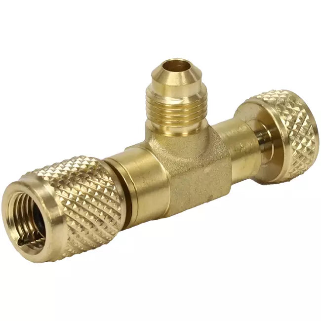 Representative refrigerant access fitting with Schrader service tee