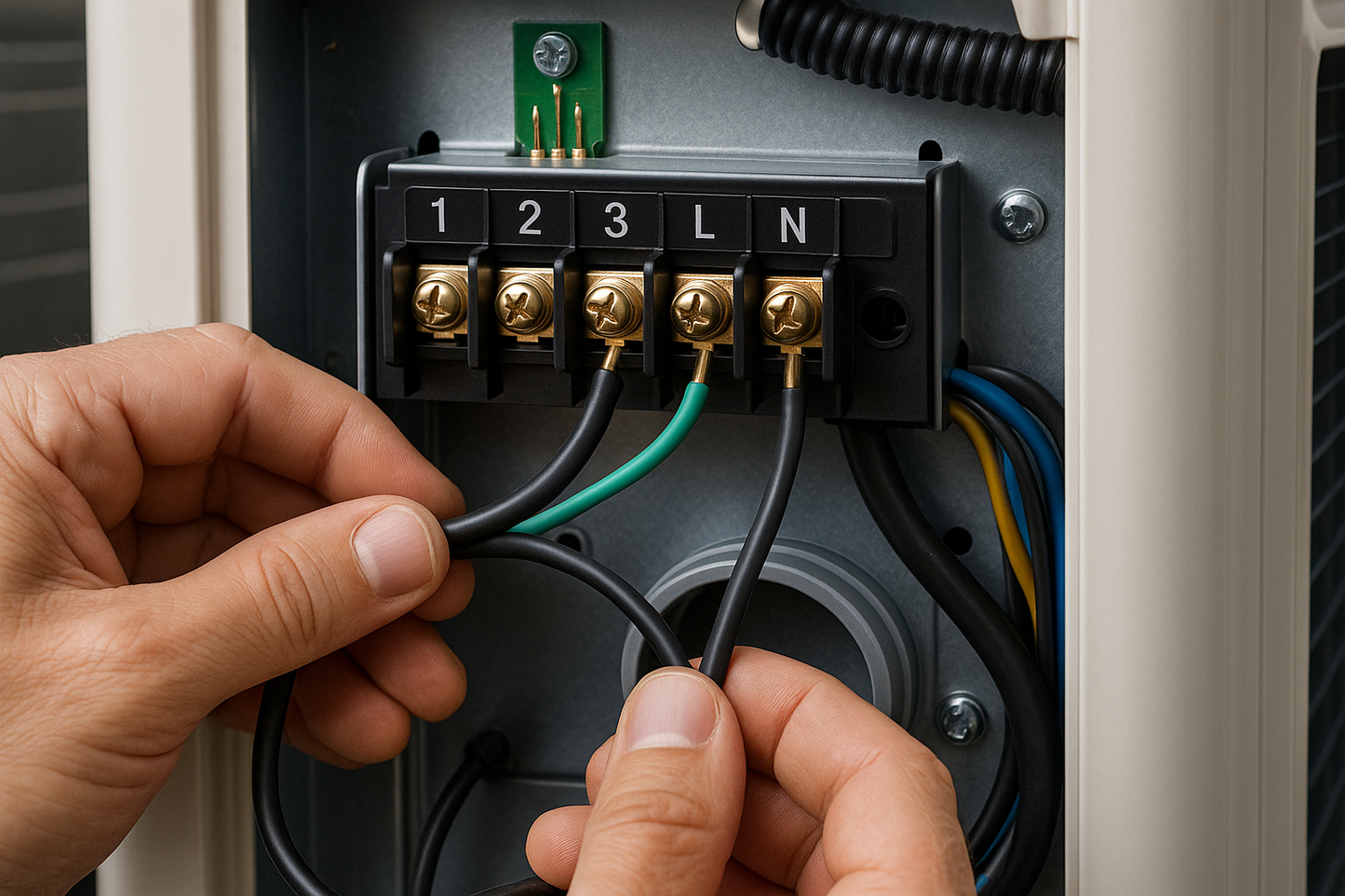 una vista en primer plano de la instalacion del cable de comunicacion en el terminal electrico de la condensadora de un minisplit