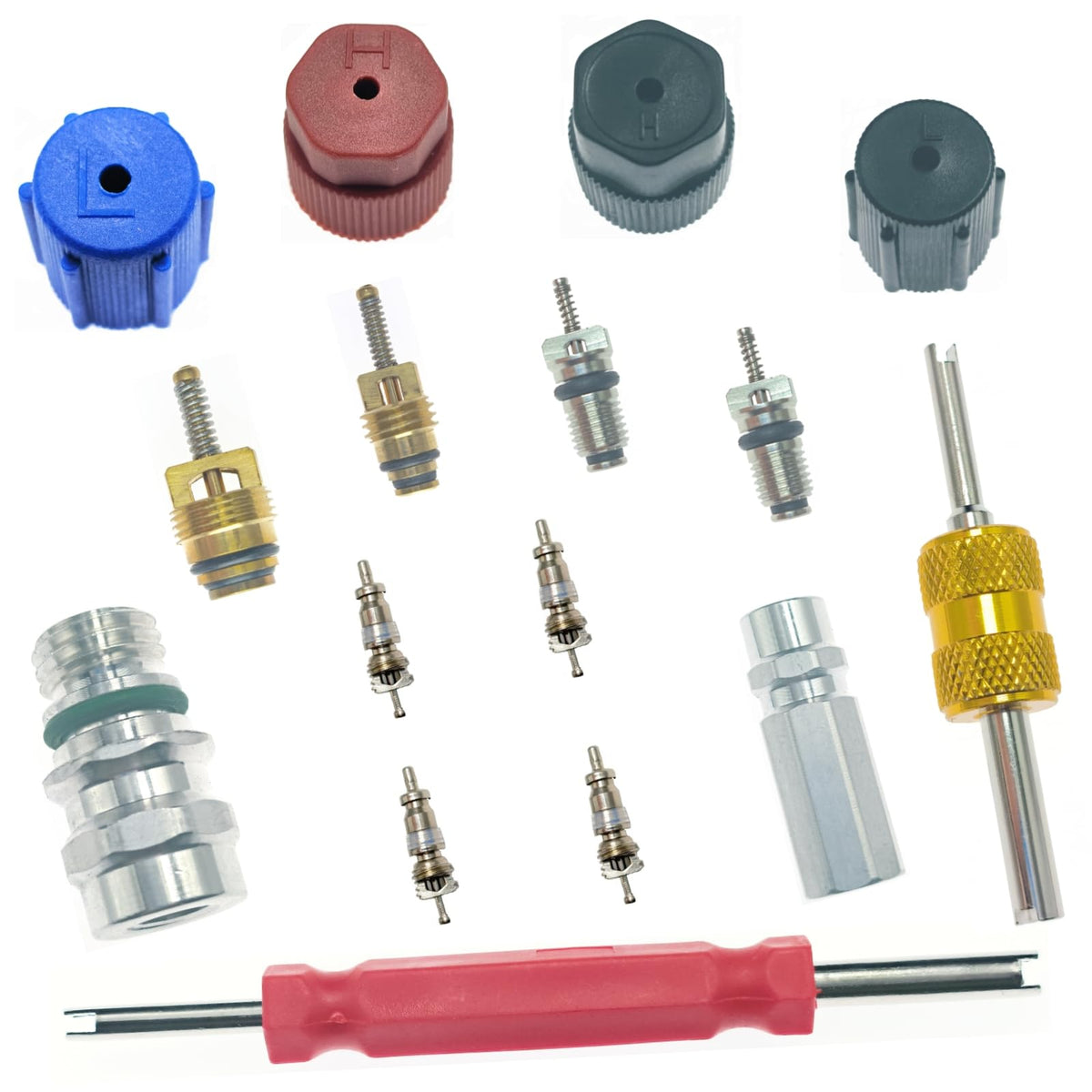Representative HVAC service valve caps and Schrader core kit