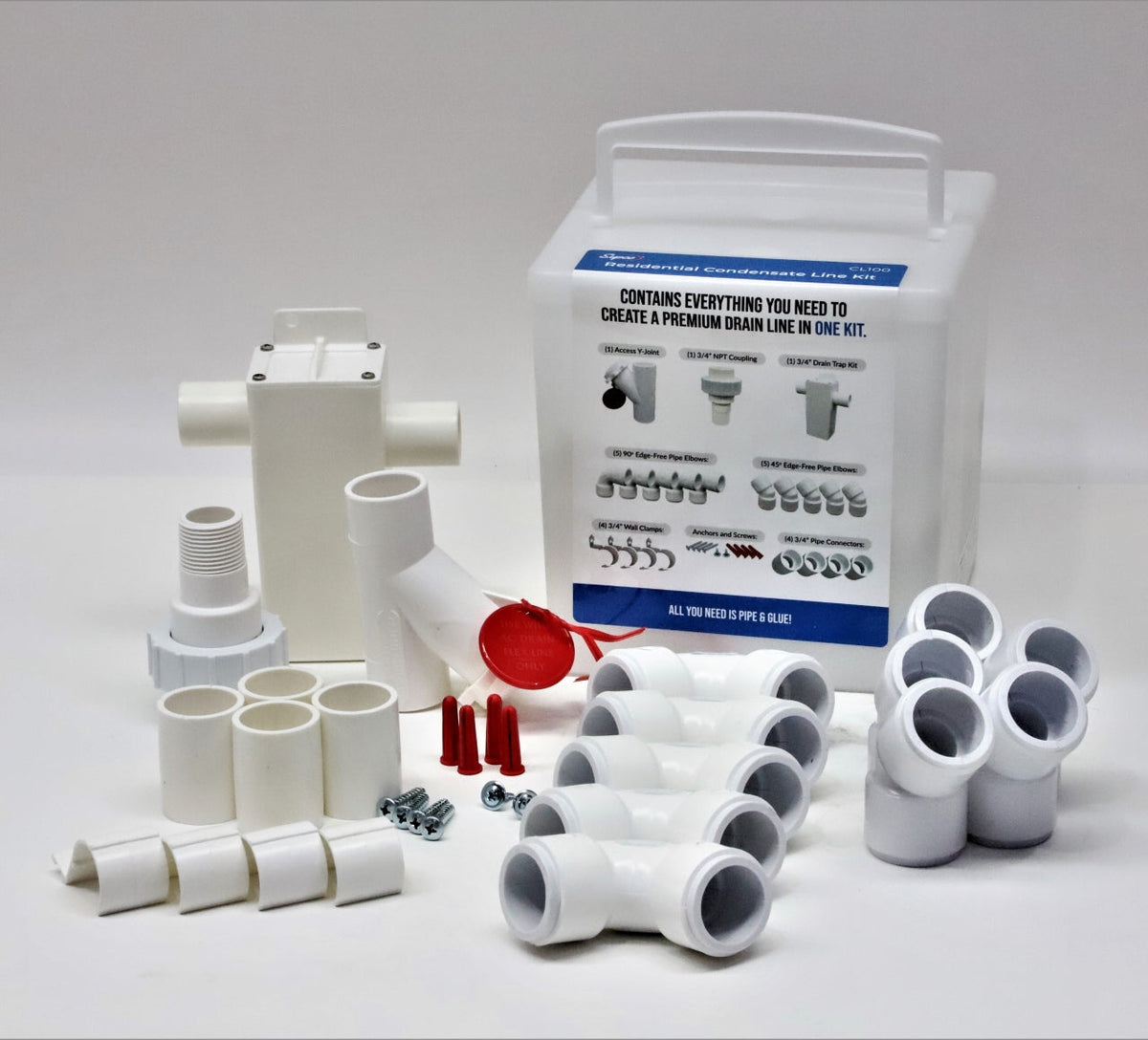 Representative 3/4 inch PVC condensate drain fitting kit for HVAC